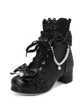 LUXMAX Women Lolita Lace Up Ankle Boots Chunky Mid Heel Bow Kawaii Shoes